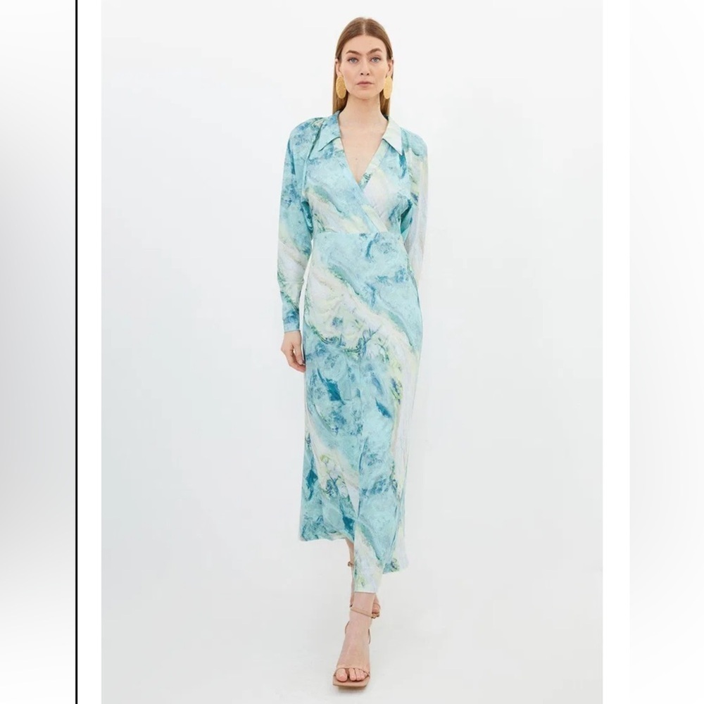Karen Millen Aqua Marble Long Sleeve Dress S NWT - Picture 3 of 11